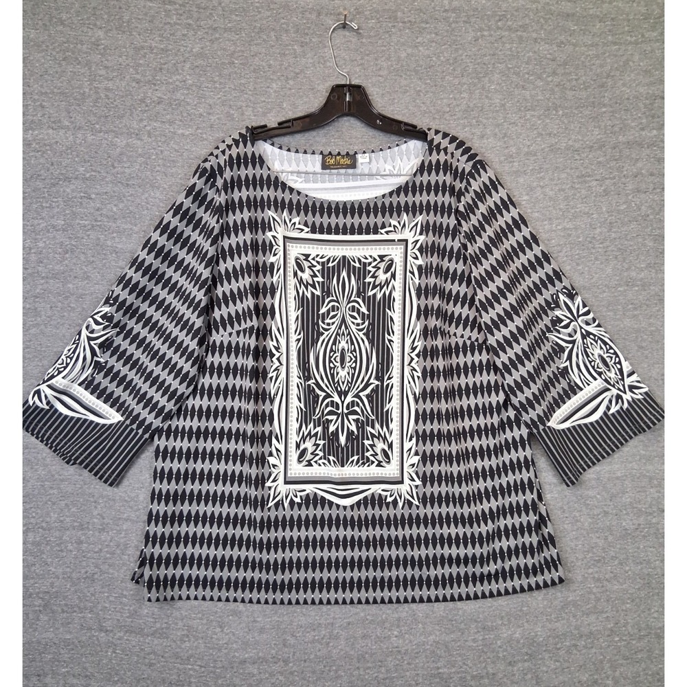 Bob Mackie Womens Shirt 2X Black Gray Tunic Kimono Persian Argyle Art To Wear